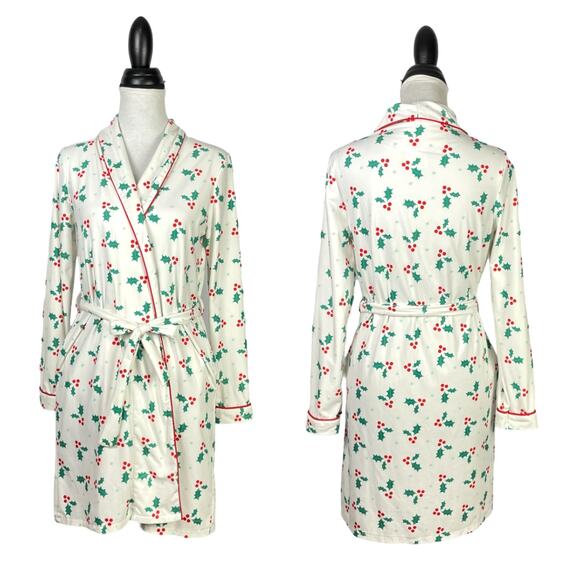 Sugar Bee | Bright Hollies White Red Green Print Holiday Christmas Short Robe - Picture 1 of 8